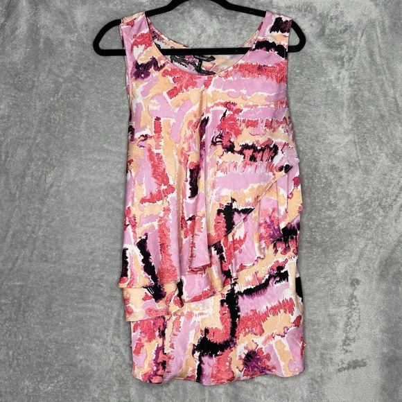 Daisy Fuentes XL Shirt Top Pink Abstract Sleeveless Round Neck Tiered - Picture 1 of 7